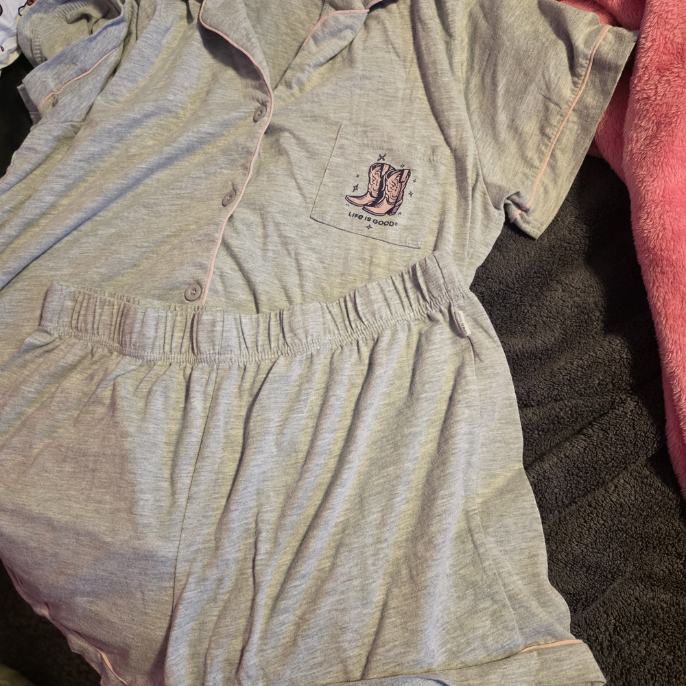 Grey LIFE IS GOOD Pajamas with Pink Trim